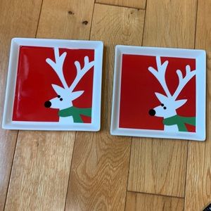 Set of 2 Crate & Barrel Ceramic Christmas Reindeer Square Snack Appetizer Plates